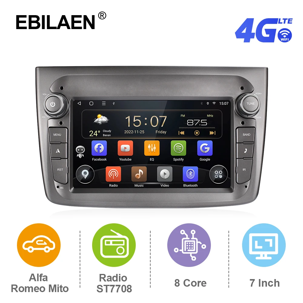 EBILAEN Android 12 Car Radio Multimedia Player For Alfa Romeo Mito 2008- GPS Navigation With Wireless Carplay