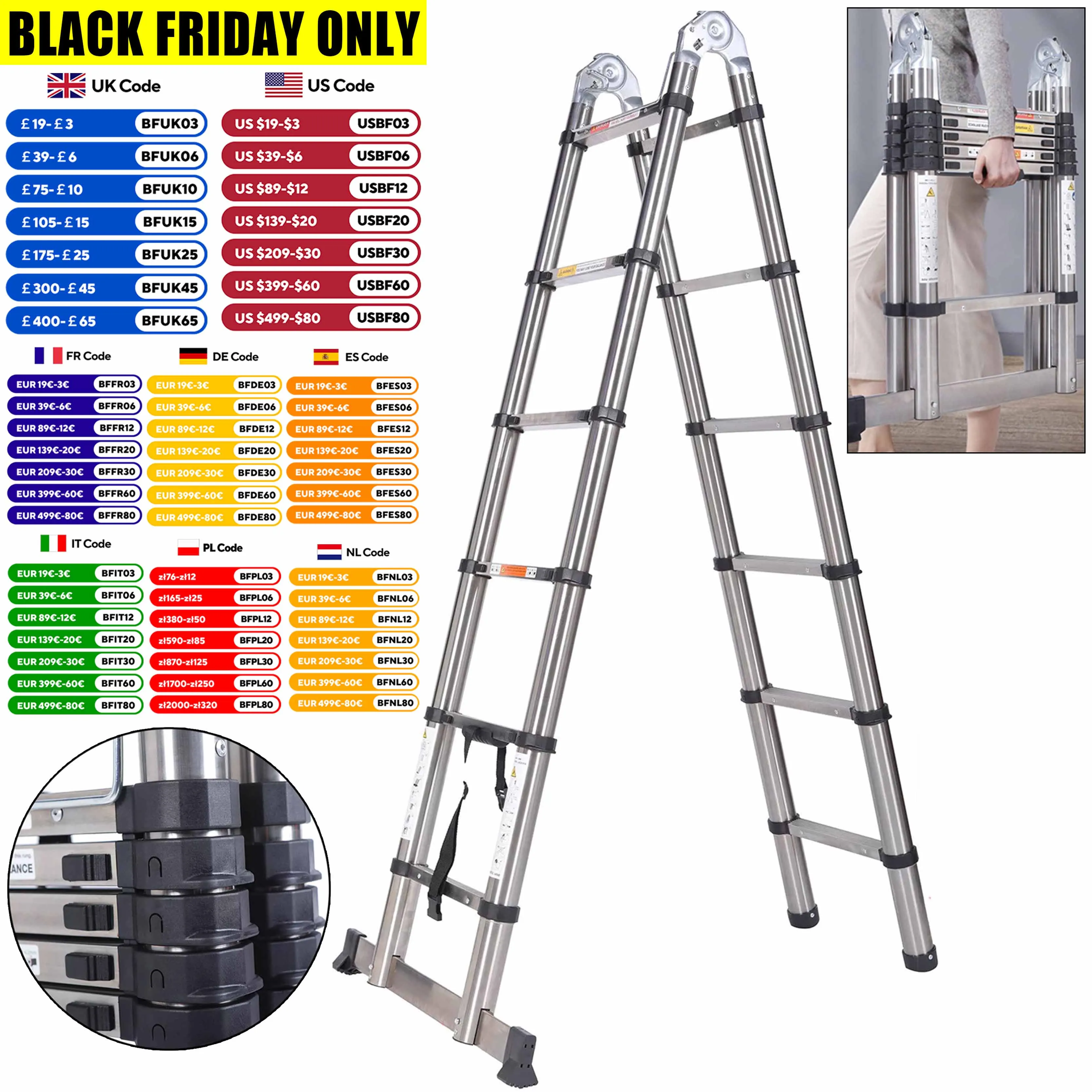 DayPlus 12.5 FT Folding Steel Telescopic Ladder 1.9M+1.9M Multi Purpose A-Frame Heavy Duty Loft Ladder with Stabilizer Home Tool