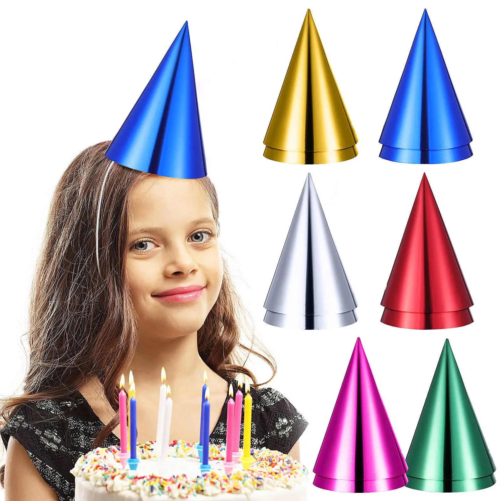 

12pcs Party Hats Children Birthday Aluminum Foil Hats Kids Paper Metallic Cone Hat Colorful Hat sports event Birthday Party Deco