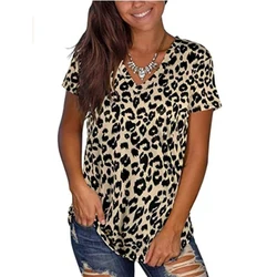 Summer Leopard 3D Print T-shirts Women Vintage Streetwear T Shirt Y2k Tops Woman V-Neck Tees Girls Oversized Harajuku Clothing