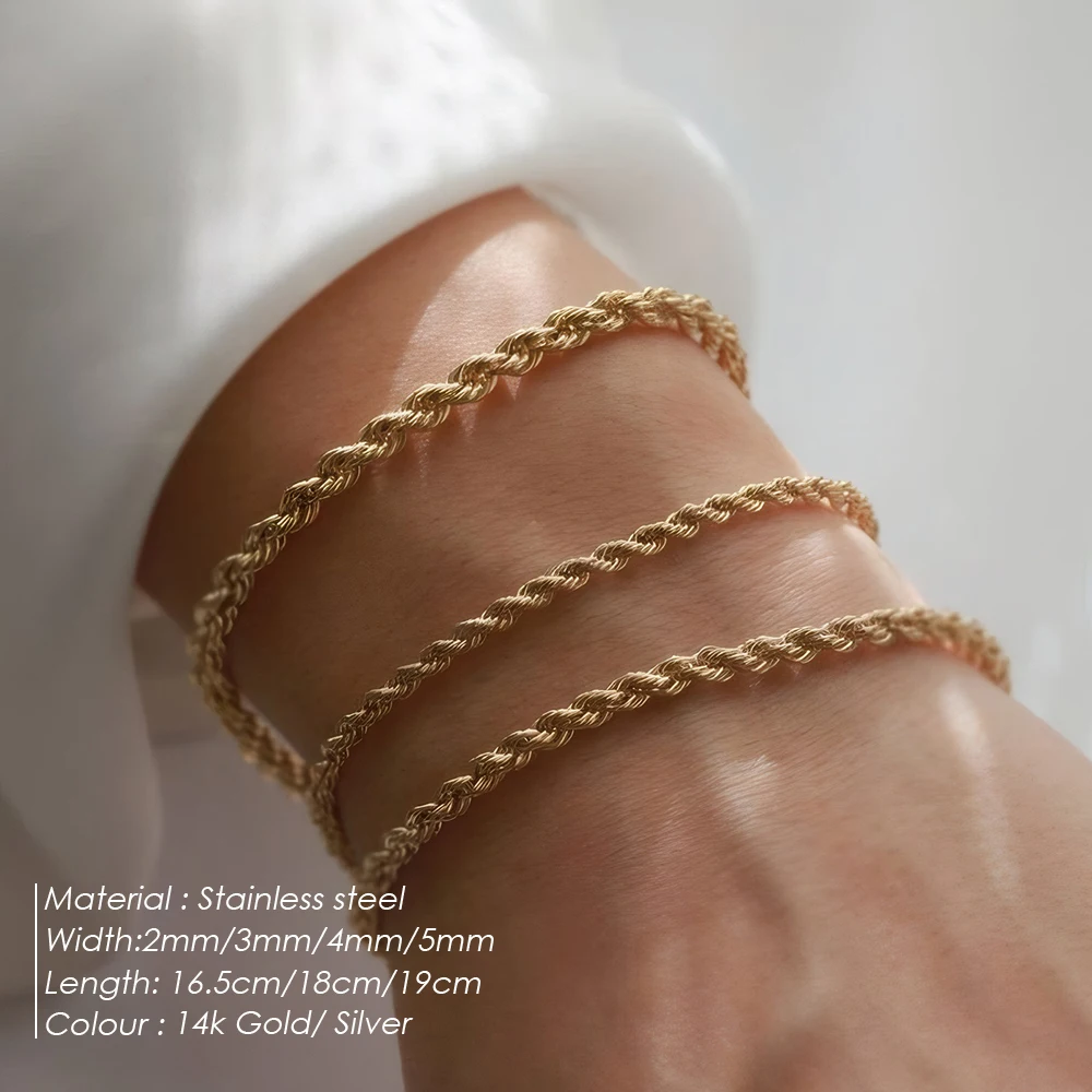 EMANCO  Stainless Steel Twisted Rope Link Chain Unadjustable Women's Hip Hop Punk 4MM Bracelets