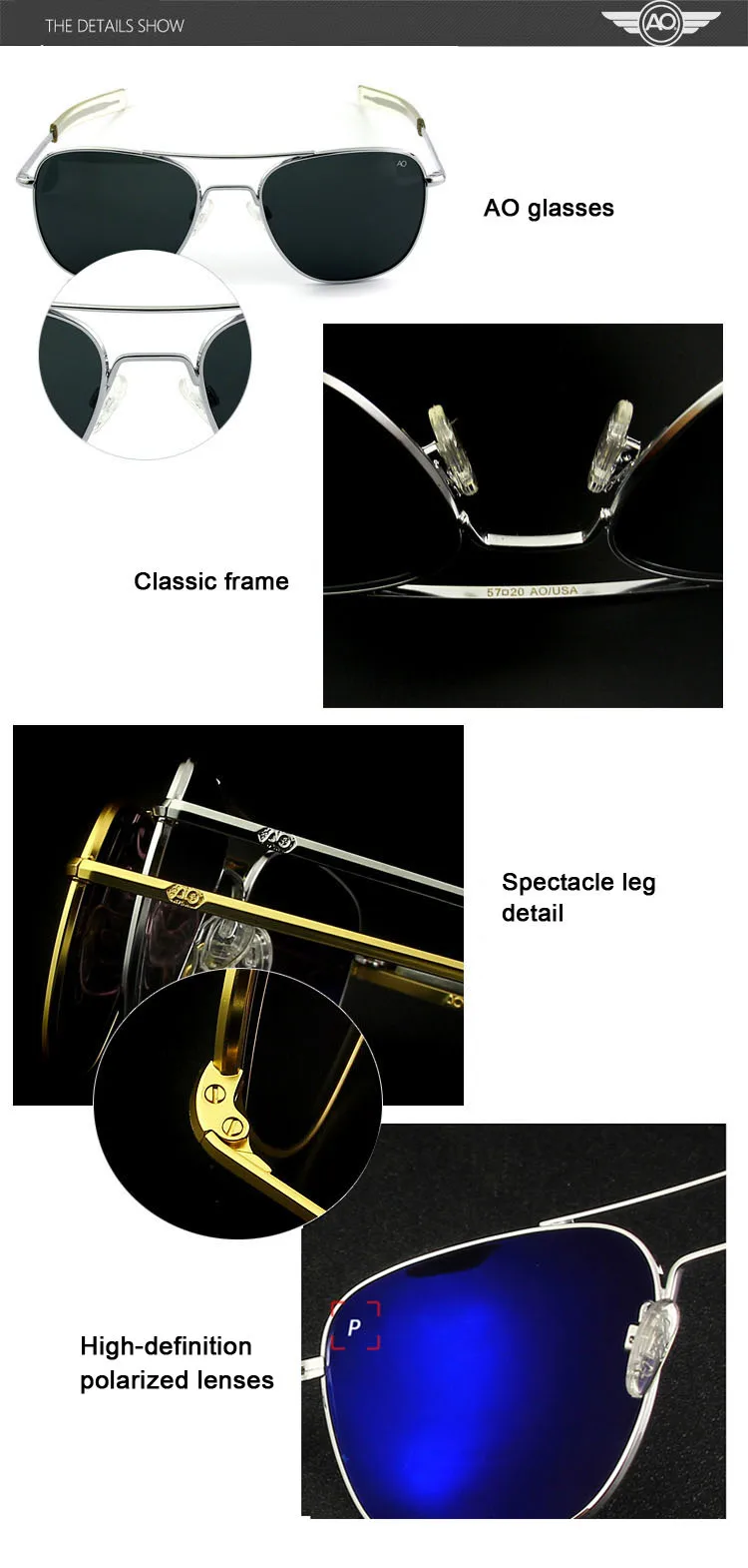 Ao Sonnenbrille Mann amerikanische Armee Militär Luftfahrt Pilot polarisierte Sonnenbrille Frau Luxusmarke Vintage Metall Titan Rahmen – Detail 23