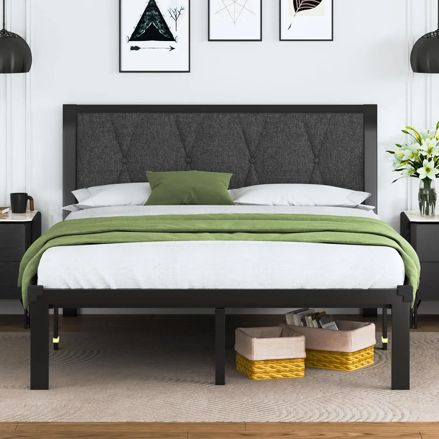 Metal Cama Frame com Tecido Botão, Cabeceira Tufted, Plataforma Cama Frame, Heavy Duty Metal Slats, Espaço De Armazenamento, 12 em