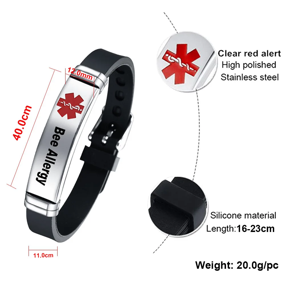 FIMAODZ Penicillin Allergy Bracelet Medical Alert for Kids Men Autism Peanut Allergy Stainless Steel Bracelets Silicone Bangles