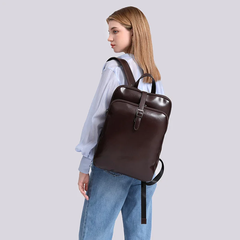 Women's Business-Style Genuine Leather Multifunctional Laptop Backpack, Retro Casual Crossbody Bag, Large Capacity for Commuting