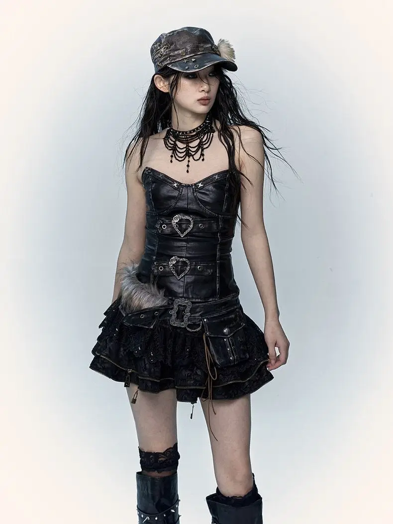 

Tailored Strapless Leather Jacket High Waist Skirt 2025 Tanks & Camis Dark Academia American Grunge Subcultural Crop Tops