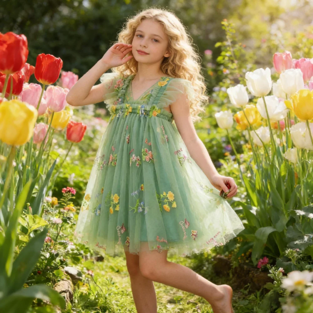 

Cute Toddler Girls Mesh Suspenders Bow Dress Fuffy Tulle Tutu Princess Dress Summer Baby Girls Embroidery Flower Casual Wear