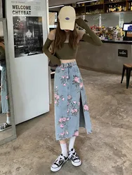 2023 Spring And Summer Trendy Flower Split Denim Skirt Women's 5XL Slightly Fat MM Thin Bag Hip Mid-length A-line Skirt