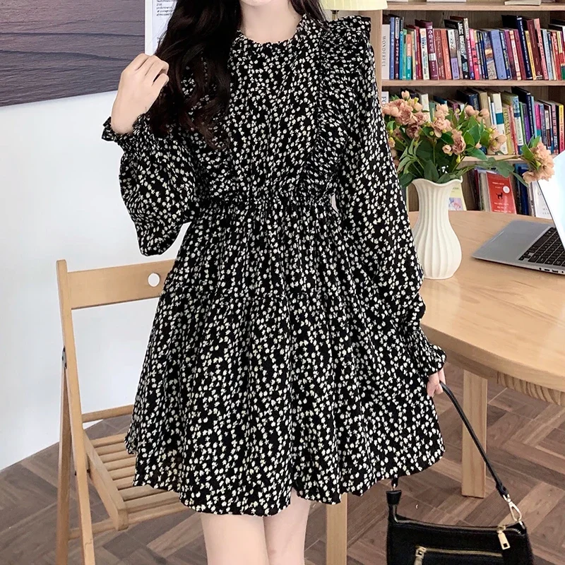 Spring autumn Ruffles Bohe Beach Party Dress Women mini Dresses Casual Full Sleeve slim Floral Print O-neck Woman Mujer Vestidos