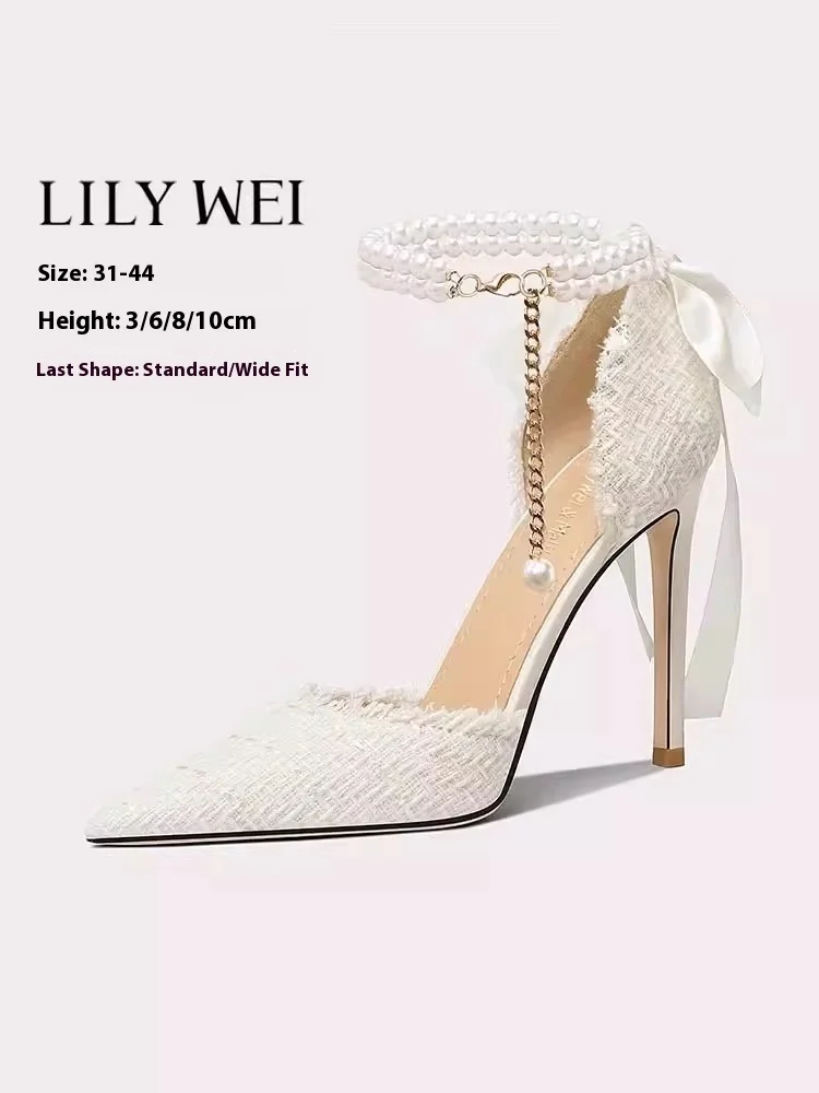 

Тонкие свадебные туфли на высоком каблуке, новые весенне-летние босоножки с острым носком и жемчужной лентой, банкетная женская обувь большого размера, маленького размера