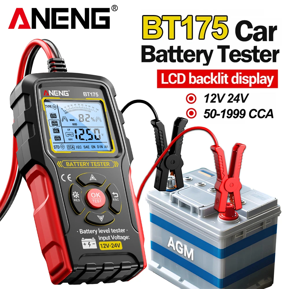 Autóakkumulátor-teszter 12V-24V-os digitális generátor autóipari analizátor kijelző ANENG BT175 szigetelt krokodilcsipesz szerszámokkal