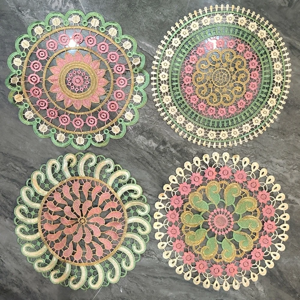 Embroidery Lace Doily Placemat Colorful Round Embroidered Table Doily Mandala Hollow Lace Coaster Table Cloth for Kitchen Table