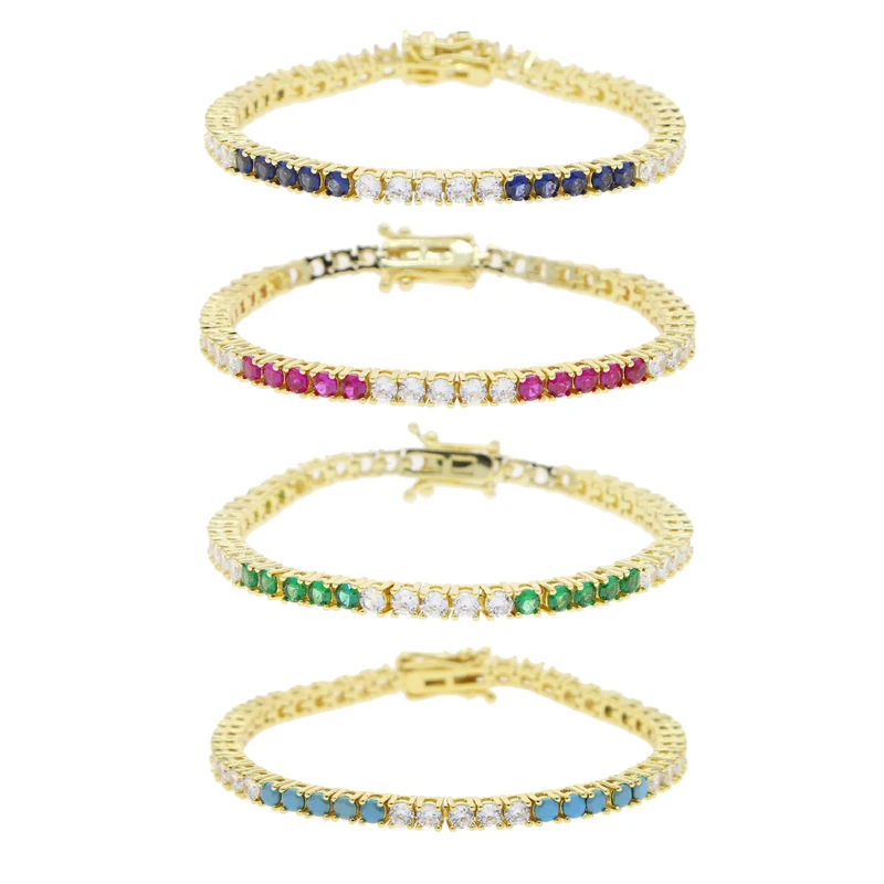 Jewelry Accessories 4 Color Geometric CZ Tennis Bracelet Pink Green Blue Stone of Gold-Plated with17cm and 19cm Chain