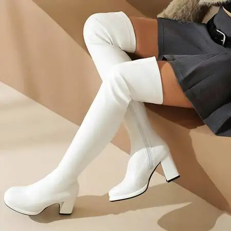 Elastic Silver Leather Side Zip Over The Knee Boots 8.5cm High Heels Pointed Steel Pole Dance Bar Thigh Boots 35-45 Women\'s Shoe