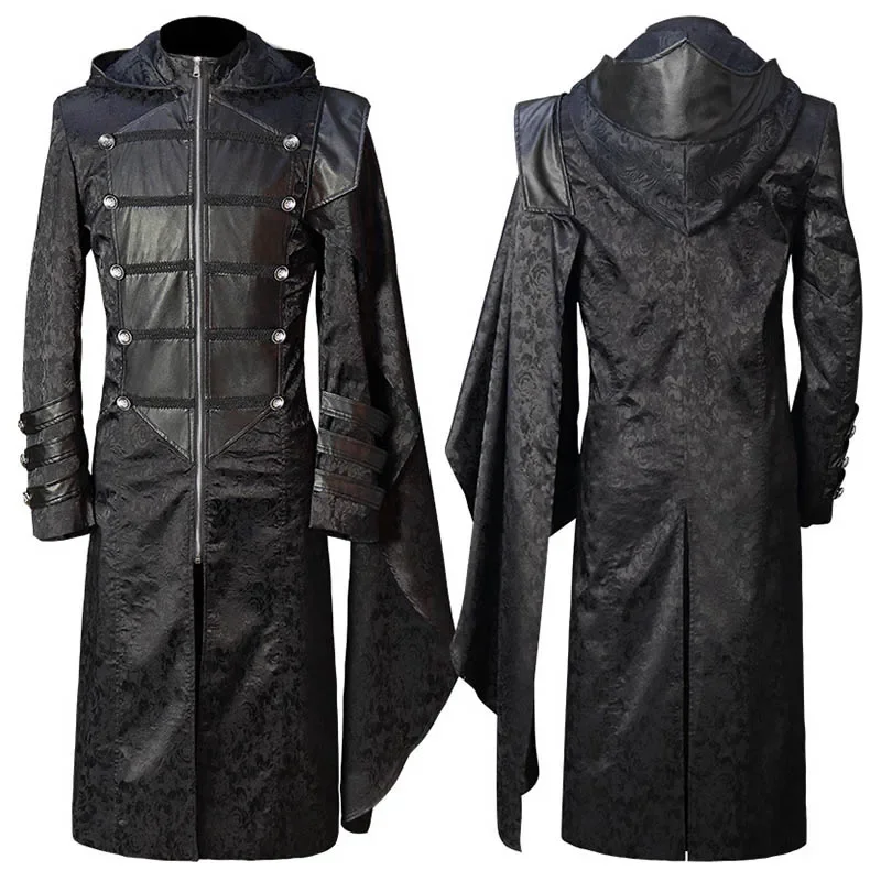 

Medieval Cosplay Men's Jacket Goth Victorian Trench Coat Steampunk PU Leather Halloween Costume Uniform Gothic Cape Coat