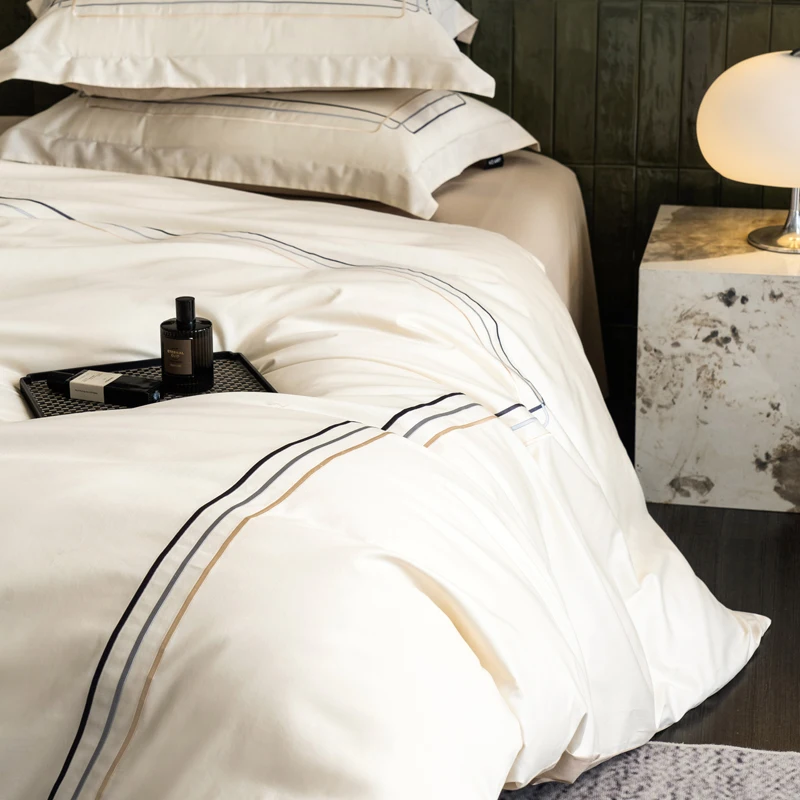 60S Long-Staple Cotton Luxury Embroidery Hotel Style Bedding Set Queen King Size Duvet Cover Flat/Fitted Sheet Pillowcases 4Pcs