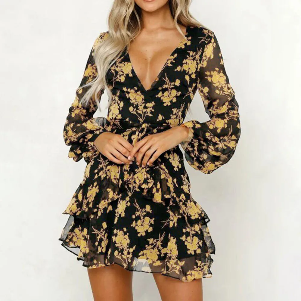 

Women's Floral Dress Fashion Female Short Dresses Summer Print Long Sleeve V Neck Casual Lantern Sleeve Ruffle Mini Waist Dress