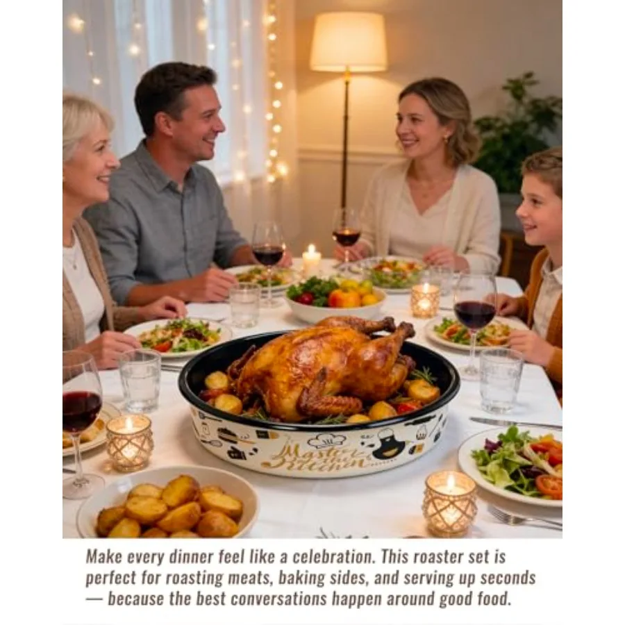 Round turkey roasting pans set of 4, enamel cake baking pan for oven: kitchen bakeware, enameled steel, cream white, non-stick