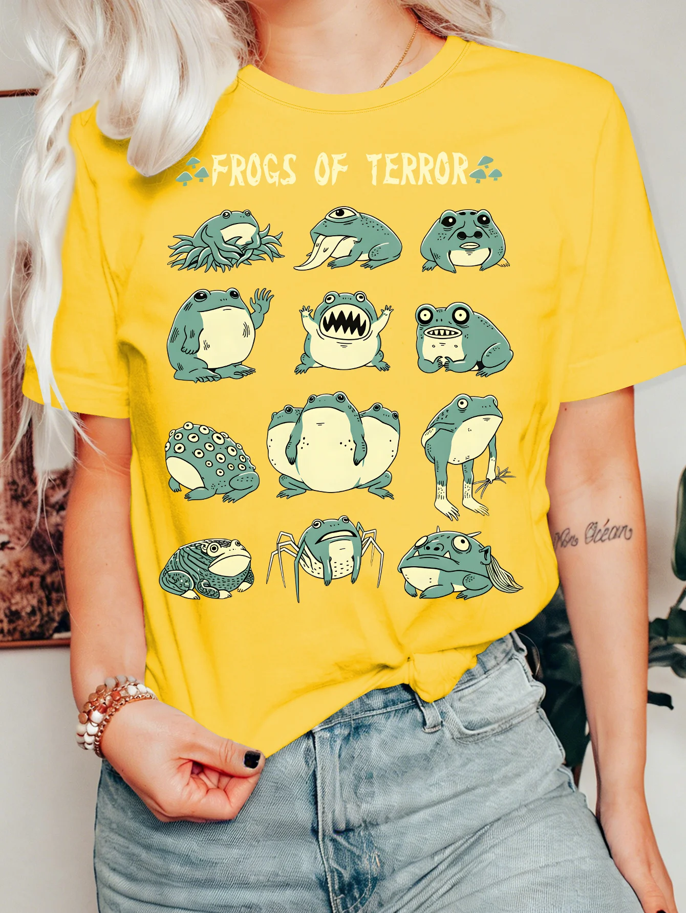 Ladies' Summer FROGS OF TERROR Frog Collection Printed Round Neck Short Sleeve T-shirt Fashion Personalized Casual Style Top