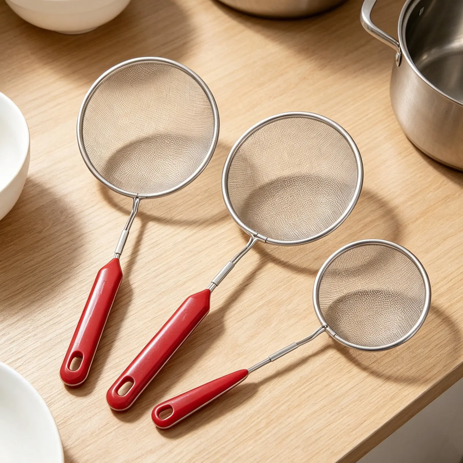3Pcs Stainless Steel Skimmer Spoon Set Fine Mesh Strainer Ladle Long Handle Kitchen Utility Cooking Skimmer for Broth Soup