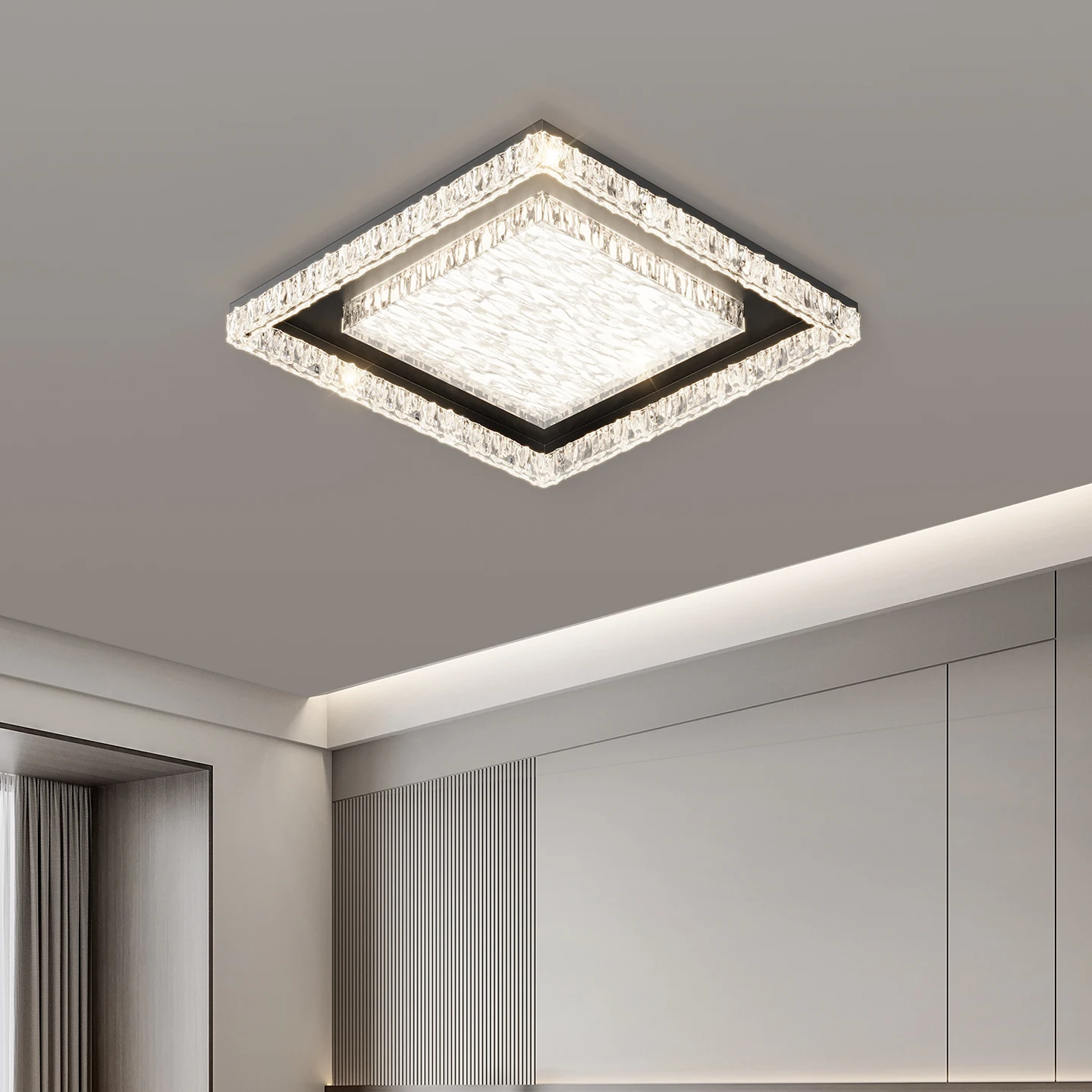 Modern Luxury Round LED Flush Mount Ceiling Light Double Ring Crystal Surround Dimmable For Master Bedroom Indoor Lighting Lamps