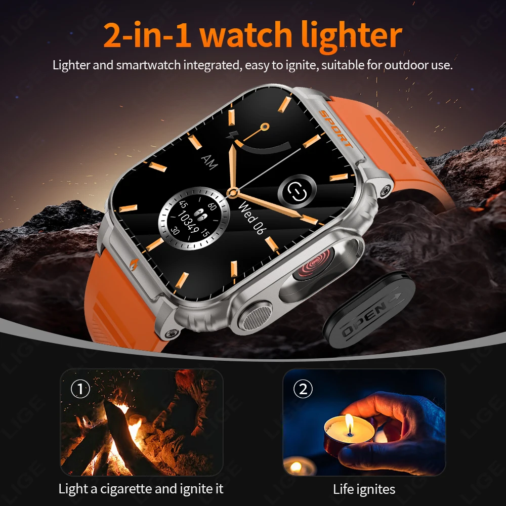 LIGE Men Smart Watch with Electronic Lighter Full Touch Screen Bluetooth Call Watch 500mah Waterproof Alarm Clock Smartwatch Man