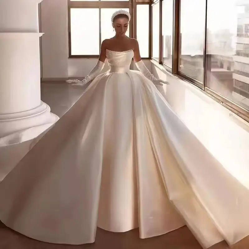 

Customized Elegant Wedding Dresses Pearls Modern Bridal Beach Boho Dress Sweep Train A-Line Satin Wedding Ball Gown Plus Size