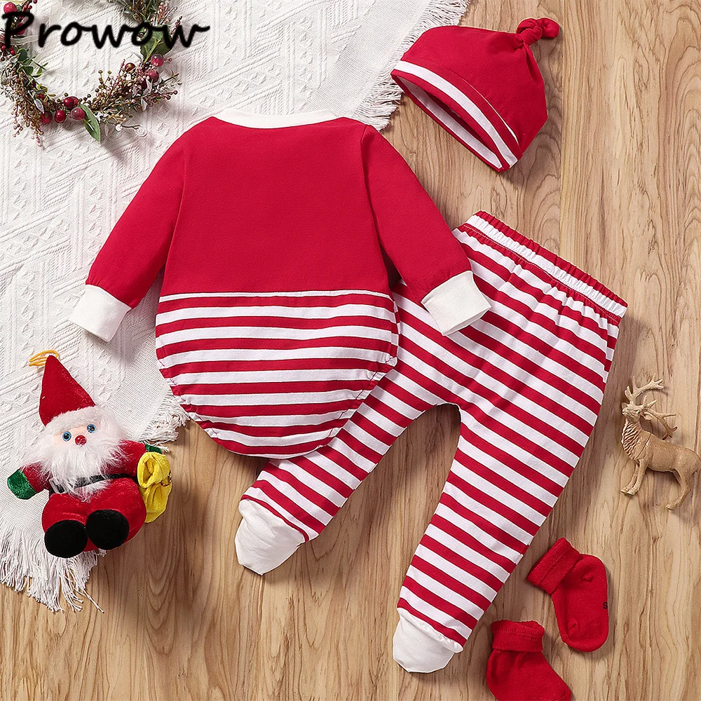 Prowow Baby Christmas Outfits Cartoon Deer Bodysuit and Stripes Footies Pants+Xmas Hat My First Christmas Baby Costume Boys Girl