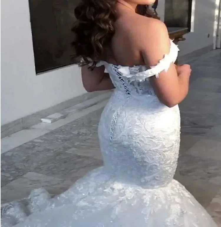 Customized Wonderful V Neck Lace Appliques Vestido De Novia Sweep Train Off The Shoulder Corset Back Mermaid Bridal Dresses
