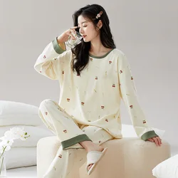 2PCS/Set Women Pajamas Autumn Black Striped Sleepwear 2024 Cute Cherry Print Pijama Casual Ladies Long-Sleeved Trousers Homewear