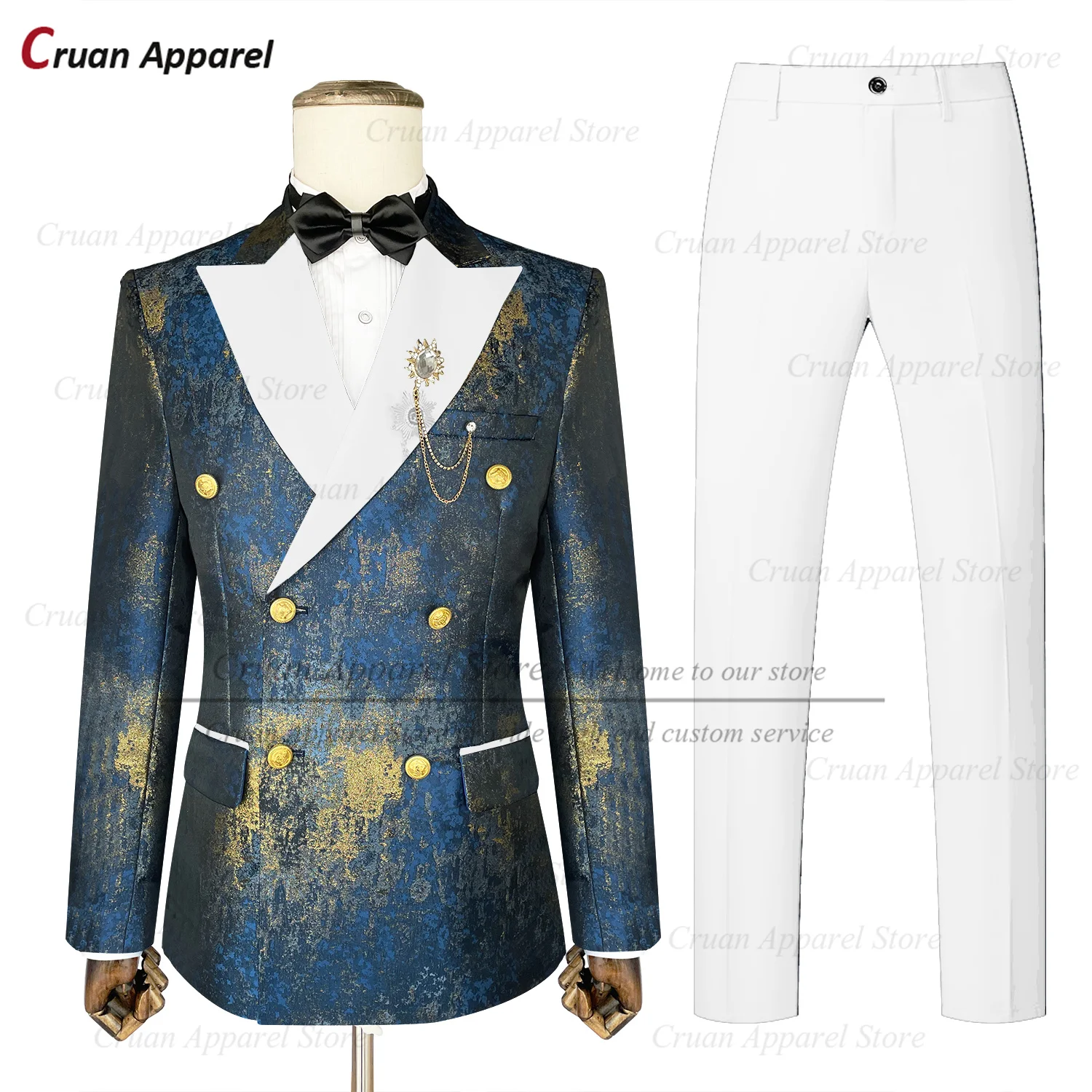 Fashion Men Suit Sets Wedding Party Groomsman Shiny Outfits Formal Banquet Tailor-made Double Breasted Blazer Pants 2 Pieces