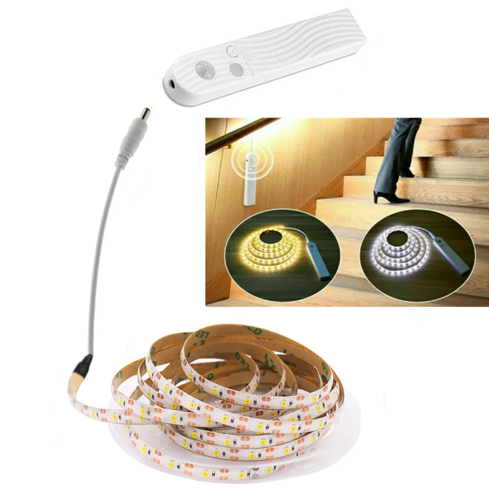 5V LED Strip with Motion Sensor 0.5M 1M 2M 3M Waterproof Kitchen Cabinet Light Tape Battery Stairs Wardrobe Lamp 60LEDs/m