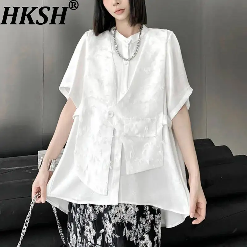 

HKSH Women Shirt Chinese Style Niche Design Asymmetrical Fake Two-Piece Short Sleeves Casual Elegant High-end Top Summer HK22999