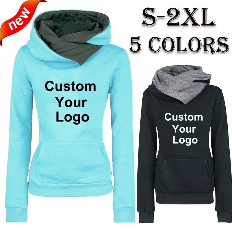 

New Fashion Womens Custom Your Logo Hoodies Lapel High Collar Long Sleeve Hooded Sweatshirts Casual Pullover Tops