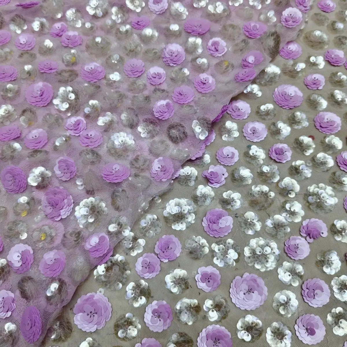 3D Floral Sequin Embroidery Mesh Fabric for Luxury Gown Stage Costume Doll Dress Garment Sewing Textile Material By The Yard