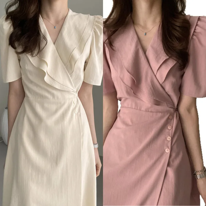 

Korea Midi Dresses Bubble Sleeve Solid Color Dress Women Summer Japan Vintage Design Ruffles Pink 1 Piece Lace-Up Dresses New