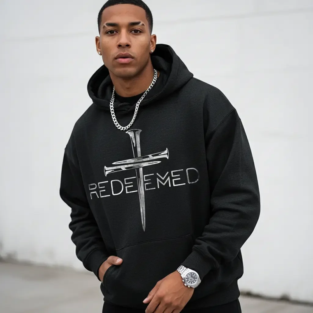Men's Redeemed Christian Bible Verse Graphic Hoodie - Cotton Blend Black Long Sleeve Pullover Regular Fit | Soft & Breathable Fabric, Durable Print, Everyday Comfort, Machine Washable, Religious Graphic Faith and Spirituality