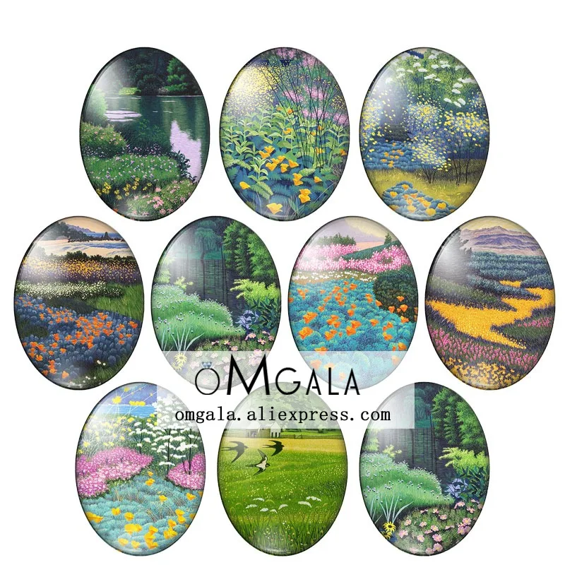 Beauty Oli Paintings Flower Plant Scenery 10pcs 13x18mm/18x25mm/30x40mm Oval photo glass cabochon demo flat back Making findings