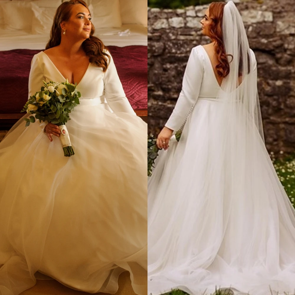 

Customized Elegant White Organza Long Sleeves Bridal Gowns A-Line V-neck 2025 Wedding Dress Modern Sweep Train Vestido De Novia