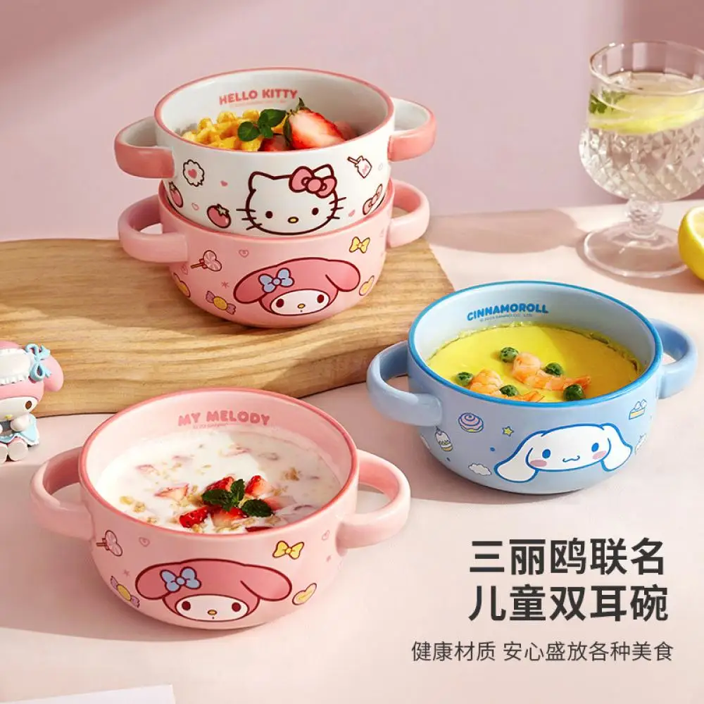 

Kawaii Hello Kitty Double Ear Bowl Sanrio Melody Cinnamoroll Rice Bowl Cute Cartoon Steamed Egg Custard Ceramics Bowl Kids Gift