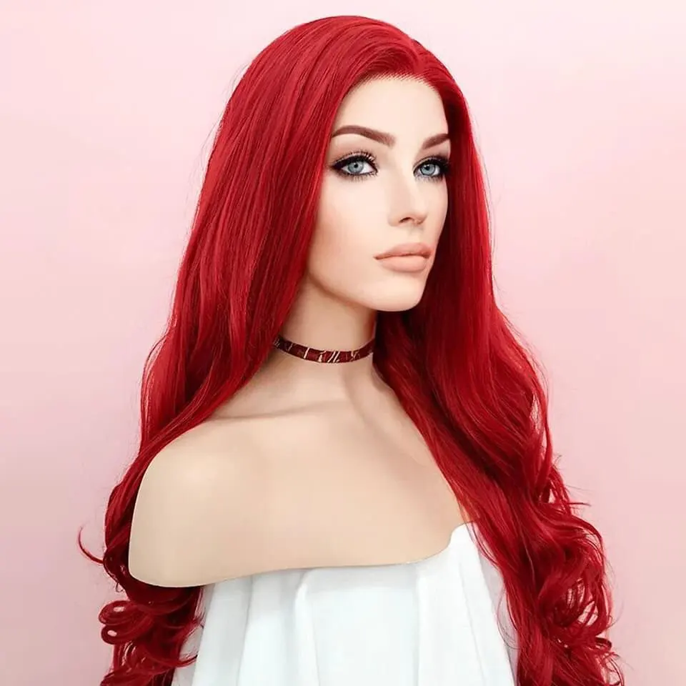 Natural Red Color Long Water Wavy Synthetic Hair Lace Front Wigs for White Women Glueless 180Density High Temperature Fiber Wigs