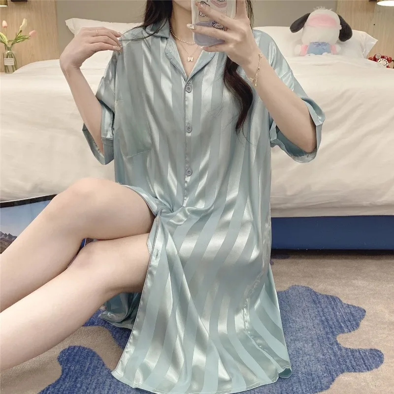 New Summer Style Nightgown Women Cardigan Striped Puppy Ice Silk Cool Feeling Pajamas Short-sleeved Summer Home Wear Comfortable