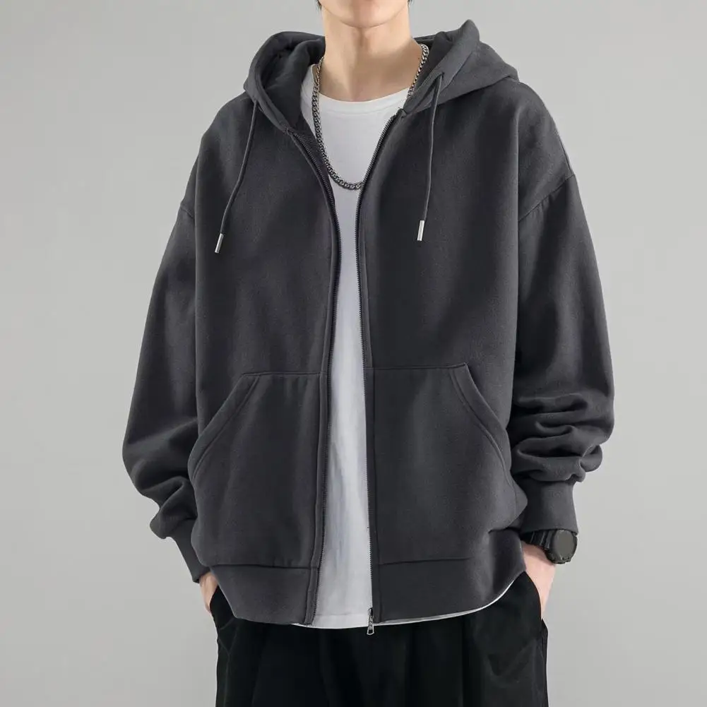 Zip Up Men Hooded Sweatershirt Solid Color Drawstring Long Sleeve Thick Cardigan Thick Casual Mid Length Men Hoodie Jacket