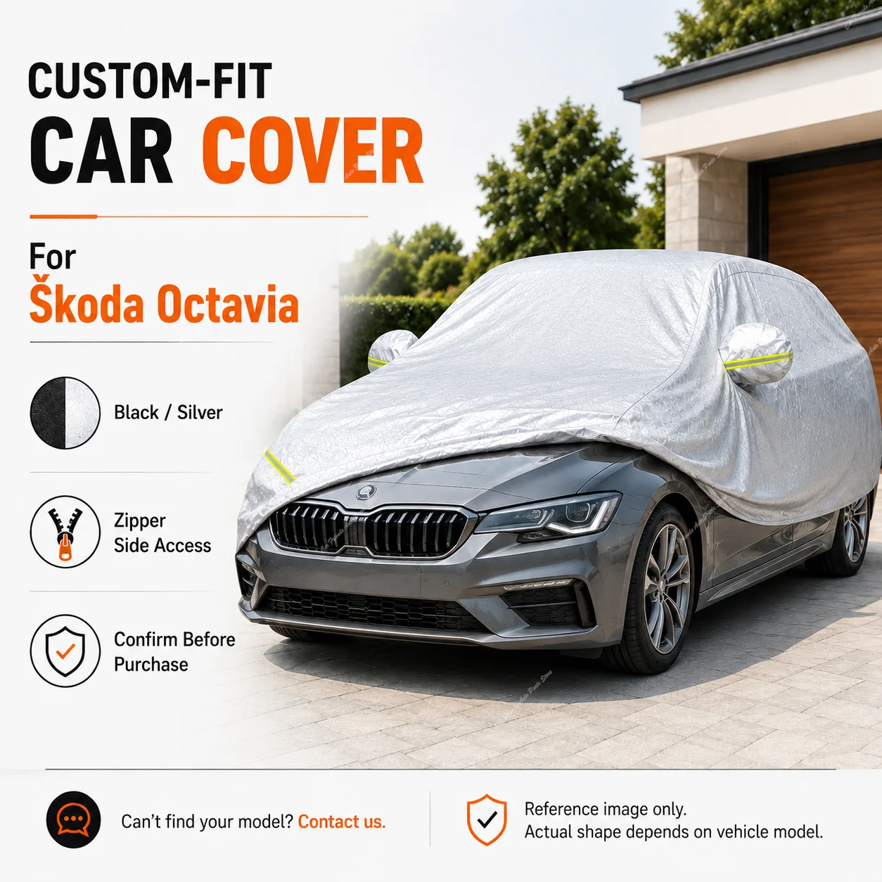 Housse de voiture sur mesure pour Skoda Octavia, tissu Oxford argenté, fermeture éclair latérale, protection contre la chaleur, protection UV, protection solaire