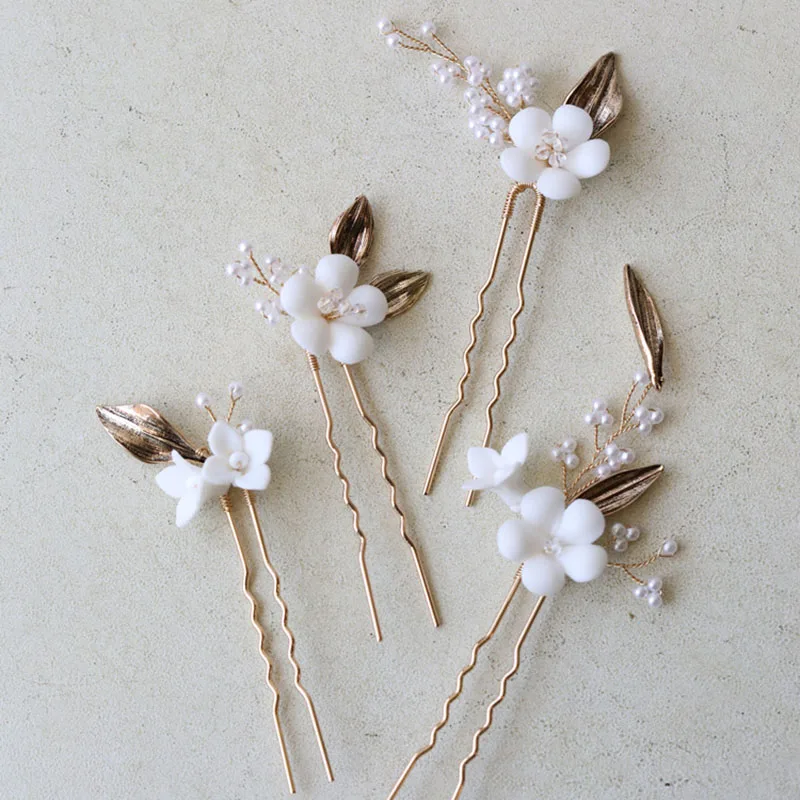 Floralbride Handmade Crystal Rhinestone Pearls Porcelain Flower Bridal Hair Comb Pin Set Wedding Hair accessories Women Jewelry