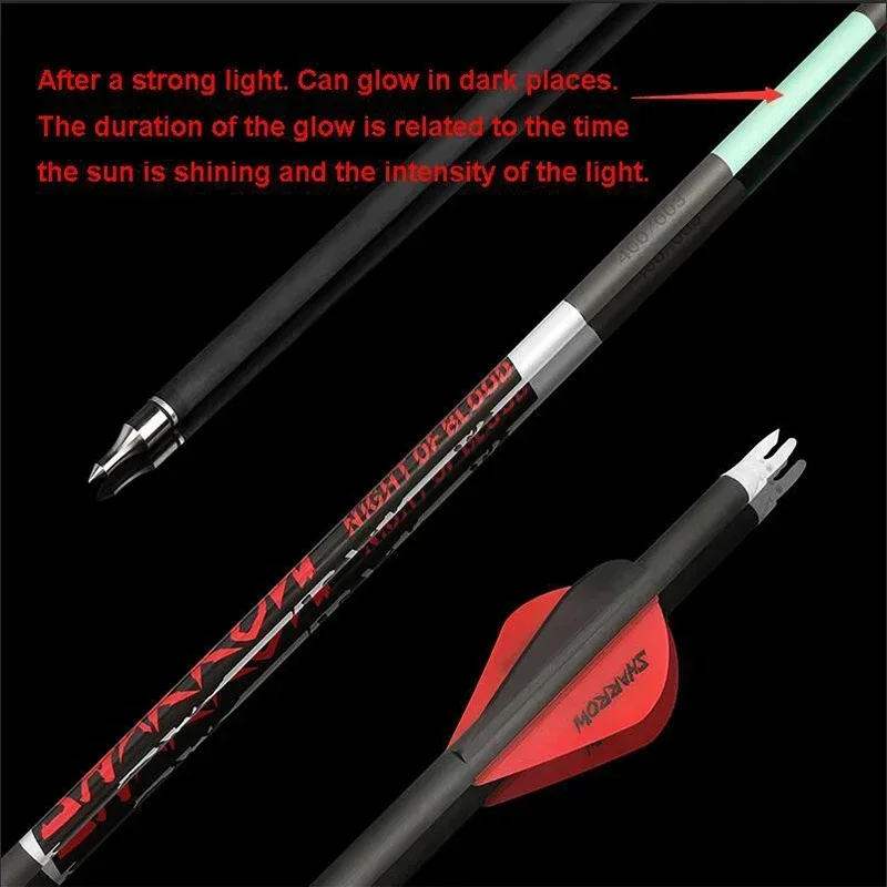 12pcs Luminous Arrows 32.5 Inch Pure Carbon Arrow Spine 300 350 400 500 600 ID 6.2mm Recurve Compound Bow Hunting Archery Arrow