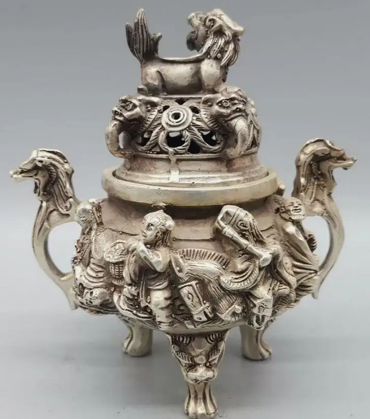 Antique stamp Tibet silver dragon Lion 8 God tripod Incense Burner censer Statue