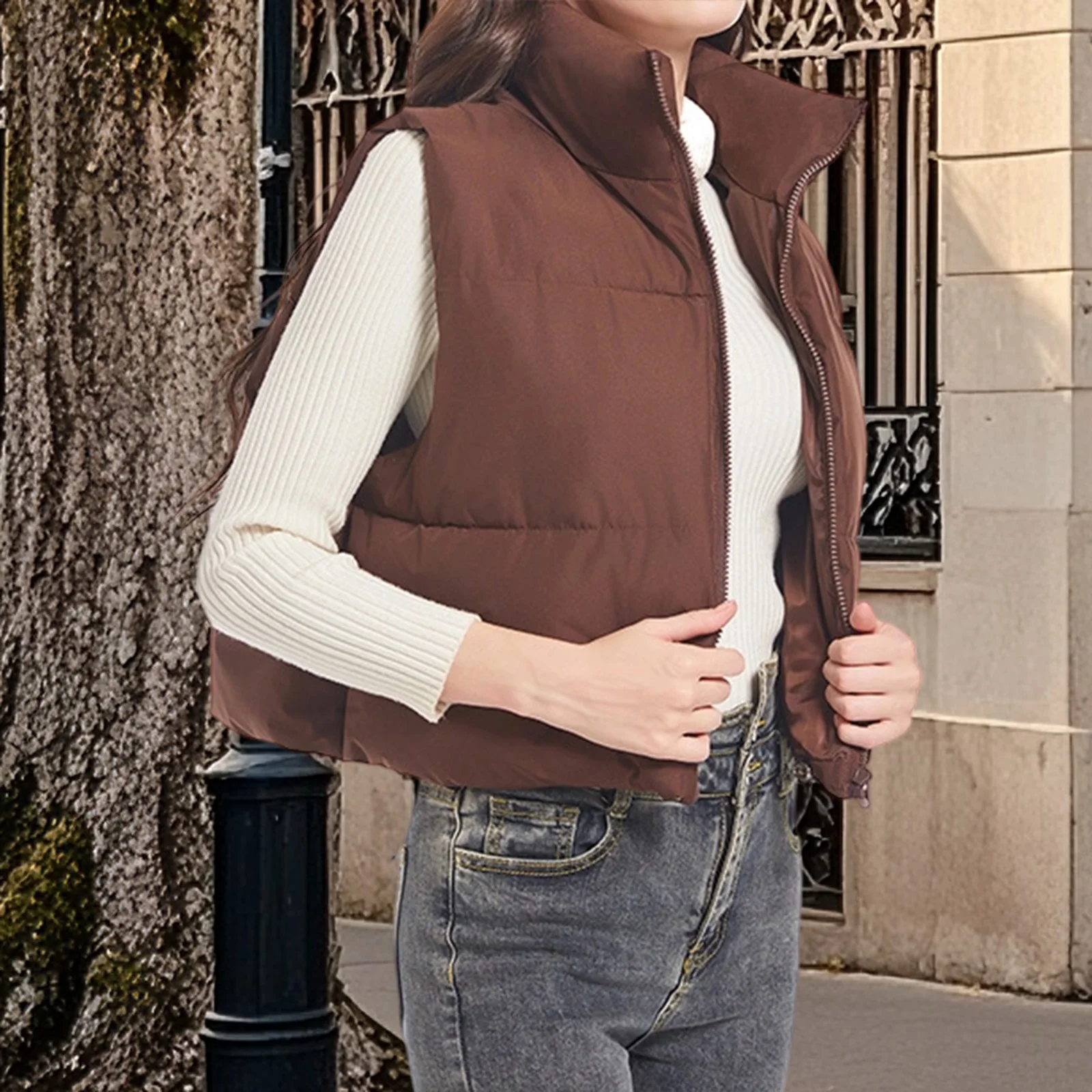 

Женский винтажный осенне-зимний пуховик с воротником-стойкой, однотонный жилет без рукавов с воротником-стойкой на молнии, повседневный укороченный жилет, уличная одежда