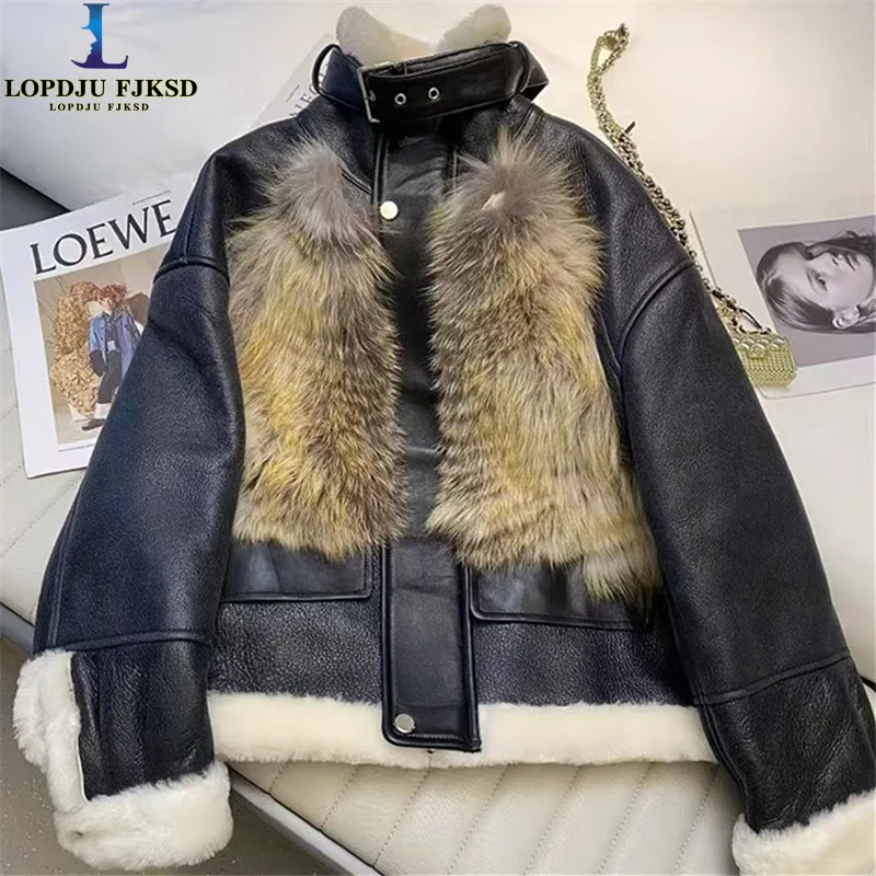 Faux Leather Coats for Women,Faux Fur Lining Jackets,Spliced Overcoat,Female Clothes,Turn-down Collar,Thicken Warm,New ,Winter