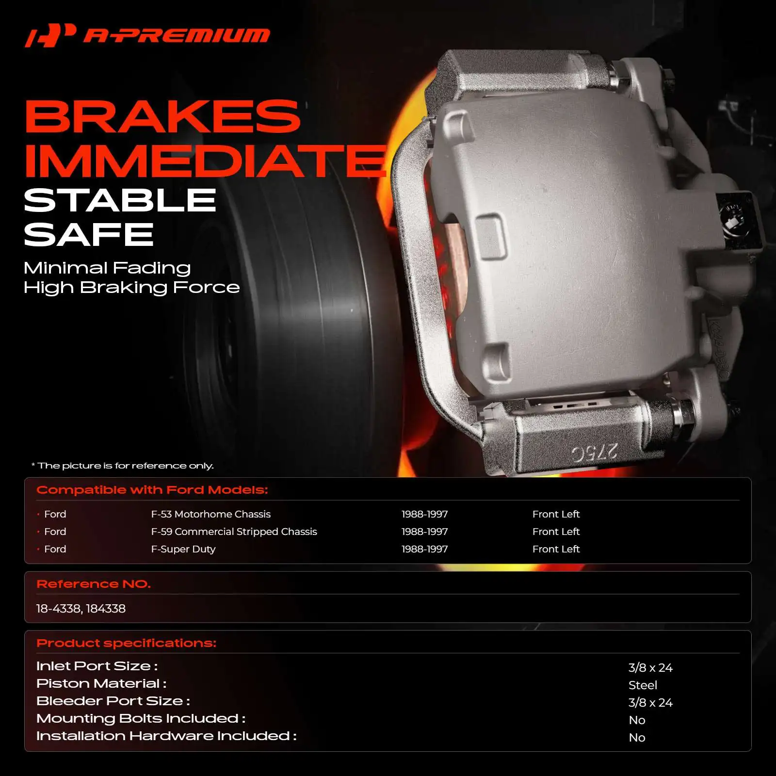 A-Premium Front Driver Brake Caliper with 2 Pistons for Ford F53 F59 F Super Duty 1988-1997